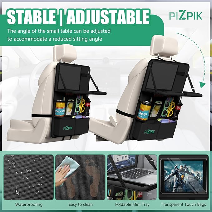 Plzpik Car Backseat Organizer with Tray(2Pack),13 Storage Pockets with Foldable Food Tray, Protector Kick Mats for Kids, Travel Accessories Organizer (Black)