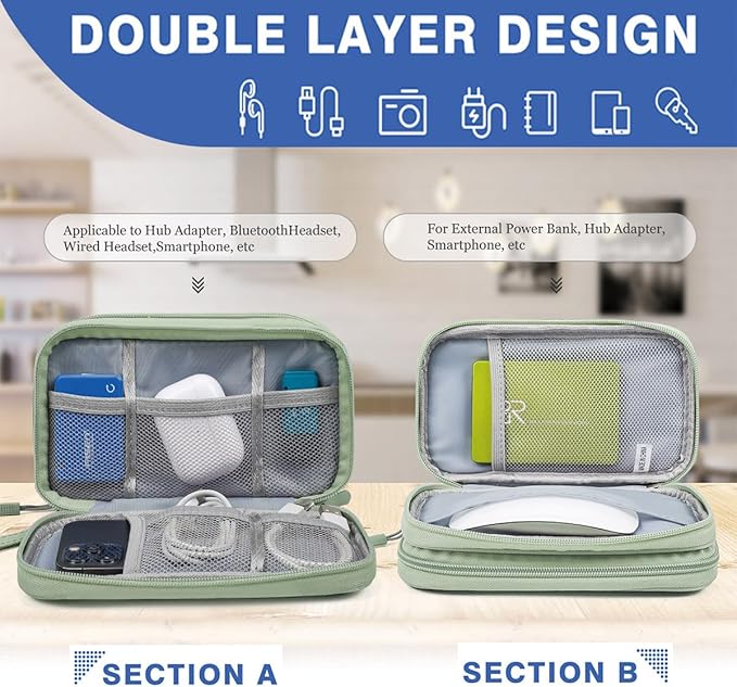 CAAORDKSO Cord Organizer Travrel Bag, Electronic Organizer Travel Case, Water Resistant Cable Organizer Pouch for Cable, Cord, USB, Charger, Phone, Power Bank, Earphone (Mint Green, Medium)