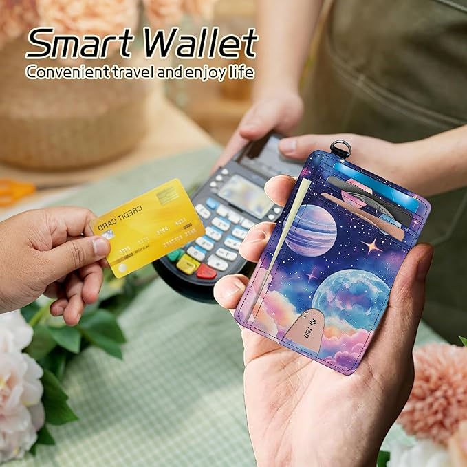 Small Travel Wallets, Pink Starry Planets Slim Minimalist Front Pocket Wallet with Wristlet, RFID Blocking PU Leather Credit Card Holder with ID Window Change Purse for Men Women