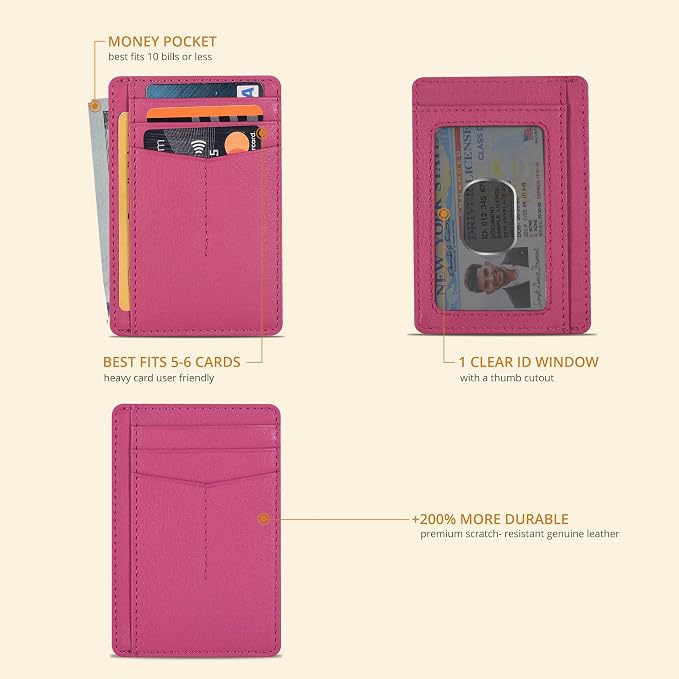 Oak Leathers Leather Slim Minimalist Wallet for Men & Women RFID Front Pocket Leather Card Holder Wallets (Nappa Pink)