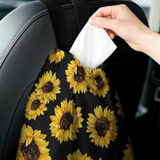 Car Trash Bag Hanging Back of Seat with Adjustable Snap Buckle Strap Cute Printed Drawstring Garbage Bags for Car-Sunflower