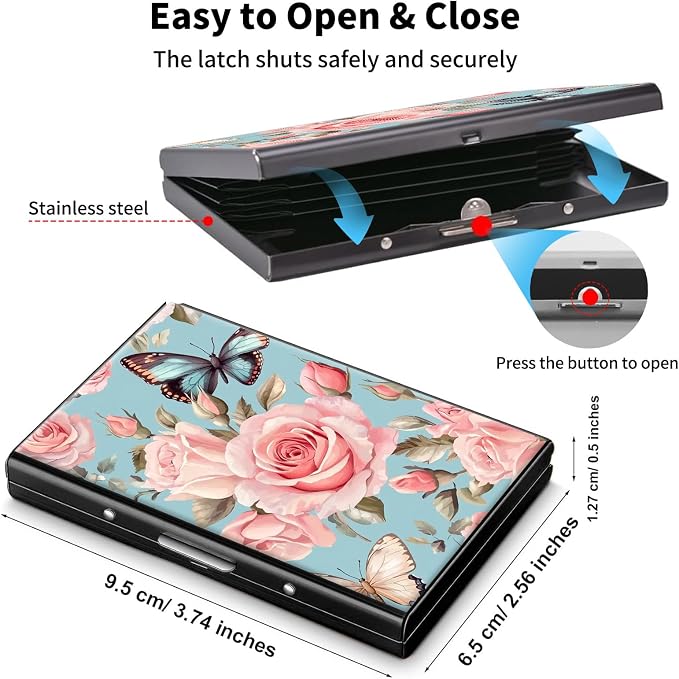 Metal Wallet,Credit Card Holder for Women Men,RFID Blocking Card Holder Mini Slim Aluminum Wallet ID Case Hard Case Business Card Holder Case,Pink Flower Butterfly