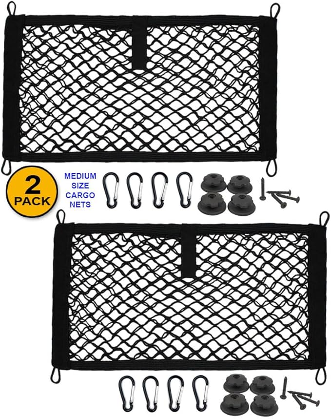 [2 Pack] JAVOedge Medium Cargo Net for Car, SUV, Truck, RV, Boat – Elastic Storage Mesh Organizer with Built‑in Hooks, 8 Screws & 8 Carabiners – Heavy‑Duty Trunk Cargo Net & Vehicle Storage Bag