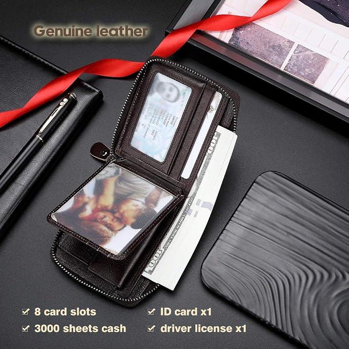 Mens Genuine Leather Zipper Wallet RFID Secure Large Capacity Double Fold Multi-card Leather Wallets for Men and coin purse