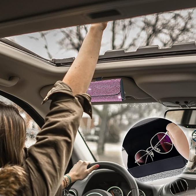 Ohleats Bling Sunglasses Holder for Sun Visor, Sparkling Glasses Sun Visor Organizer Case with Hidden Magnetic Closure, Auto Visor Crystal Eyeglasses Storage Case, Car Accessories (Bling Pink)
