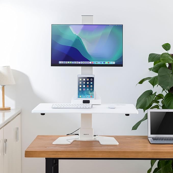 Mount-It! Electric Standing Desk Converter, Adjustable Tabletop Sit Stand Desk Riser with Single Monitor Mount for Monitors up to 32", Freestanding 28" Wide Platform Rises up to 20.75" White