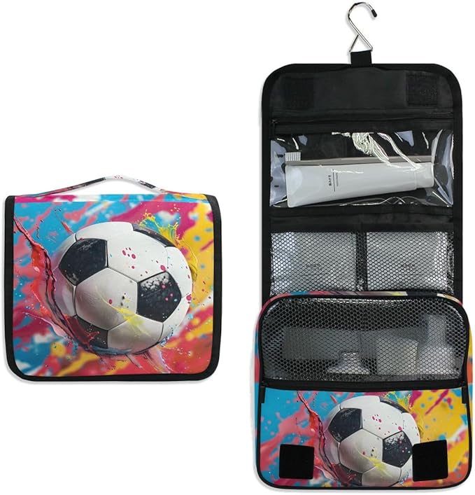 Hanging Travel Toiletry Bag Kit Boys Makeup Case Cosmetics Organizer for Men Women (Soccer Colorful)