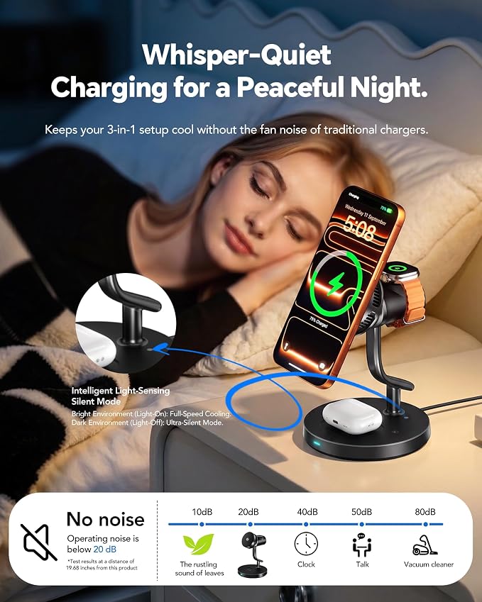4 in 1 Wireless Charging Station, Qi2.2 25W Certified Fast Magnetic Charger, Mag-Safe Wireless Charger Stand with TEC Active Cooling and Night Light, for iPhone17/16/15/14/13/12, Apple Watch/AirPods