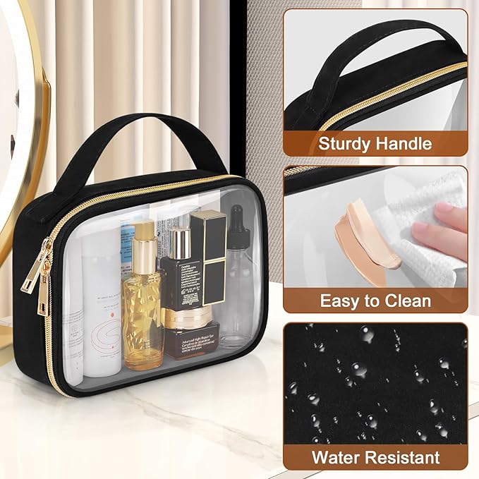 Wedama Clear Toiletry Bag, 2 Pack Clear Makeup Bags with Handles, PVC Cosmetic Bags for Women and Men, Large Opening Toiletry Bags, Black