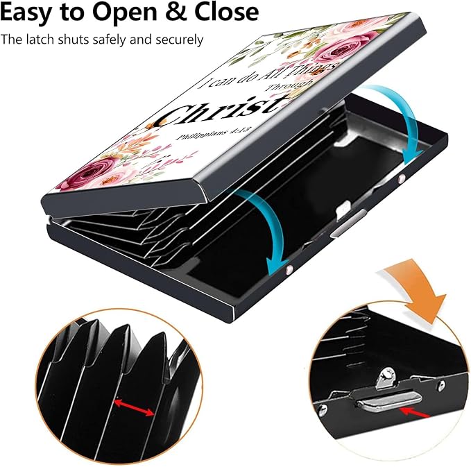 Credit Card Holder Philippians 4-13 Design Mini RFID Blocking Aluminum Wallet Slim Metal Hard Cover Shell Travel Wallet ID Cases Small Credit Cards Case Business Cards for Women Men Girls