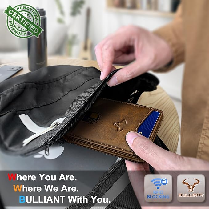 BULLIANT Men Wallet, Slim Leather Wallet Front Pocket Card Holder Gift For Men 11 Slots RFID Blocking