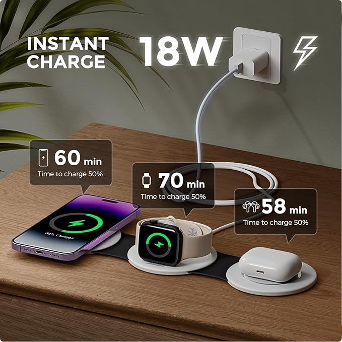 Hicober 3 in 1 Charging Station for Apple Multiple Devices, Foldable Travel Wireless Charger 18W for iPhone Air 17 16 15 14 13 Pro Max Plus &Apple Watch Series/Airpods Black&White