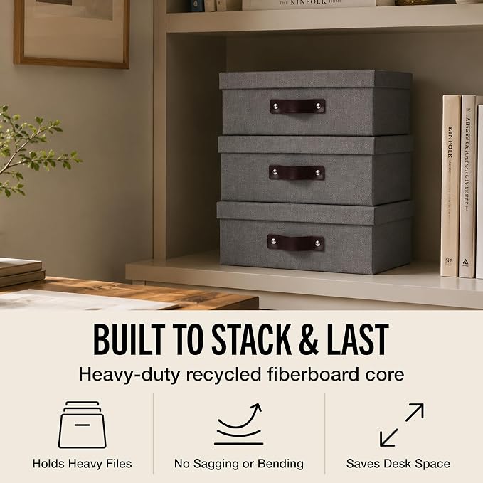 Bigso Oskar Canvas Fiberboard Document Letter Box - File Organizer Box for Important Paperwork - Document Storage with a Lid & Leather Handle - 3.3 in x 10.2 in x 13.8 in - Gray