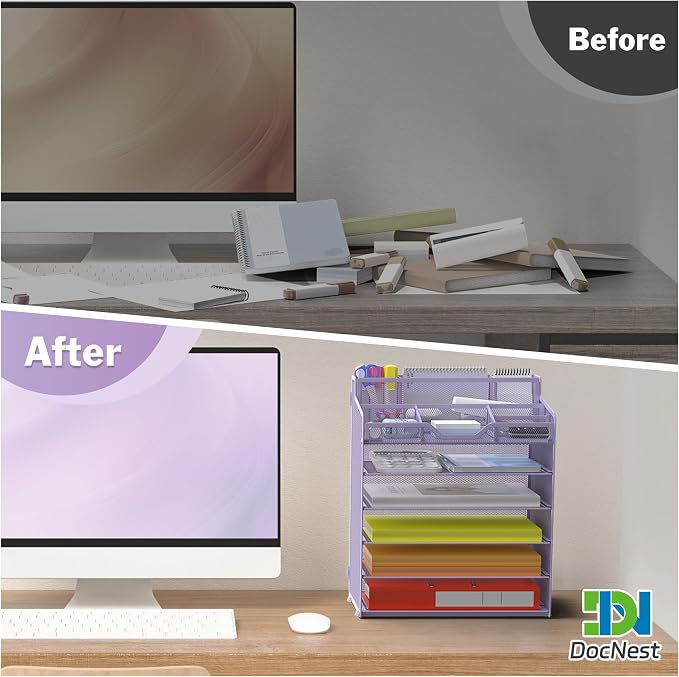 Docnest 6 Tier Mesh Desk Organizer for Paper Office Supplies – Multi-Functional Letter Tray with 5 Adjustable Compartments, 5 Pen Holders, Desktop Storage for Files, Mail, Stationery – Purple