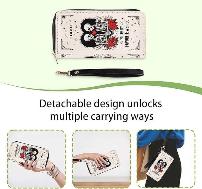 Gothic Romance Skull Wallets for Women - Slim PU Leather Womens Wallet with Cash Zipper Coin Purse, Small Credit Card Holder Travel Wallet, Wristlet Wallets for Female Ladies Purse (Dark Humor Gift)
