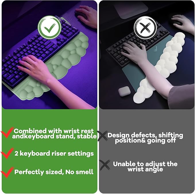Wrist Rest with Keyboard Stand, Ergonomic Computer Wrist Support Pad, Cloud Keyboard Riser Holder with Wrist Pad, Memory Foam Desk Cushion, Palm Hand Typing for Office Home School-Green