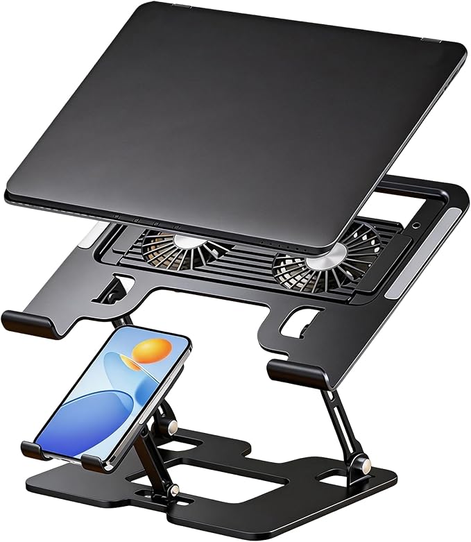 Ergonomic Foldable 2-in-1 Laptop Stand with Fans,Laptop Riser for Desk with Phone Holder,Computer Stand for Laptop,Sturdy and Portable Stand,Compatible with All Laptops and Phones Black
