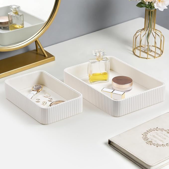 Desk Organizer Tray, PU Leather Nightstand Organizer Perfume Valet Tray for Men Women, Decorative Vanity Trays Trinket Dish Key Bowl for Entryway Table (2pcs, Ivory, Large+Small)