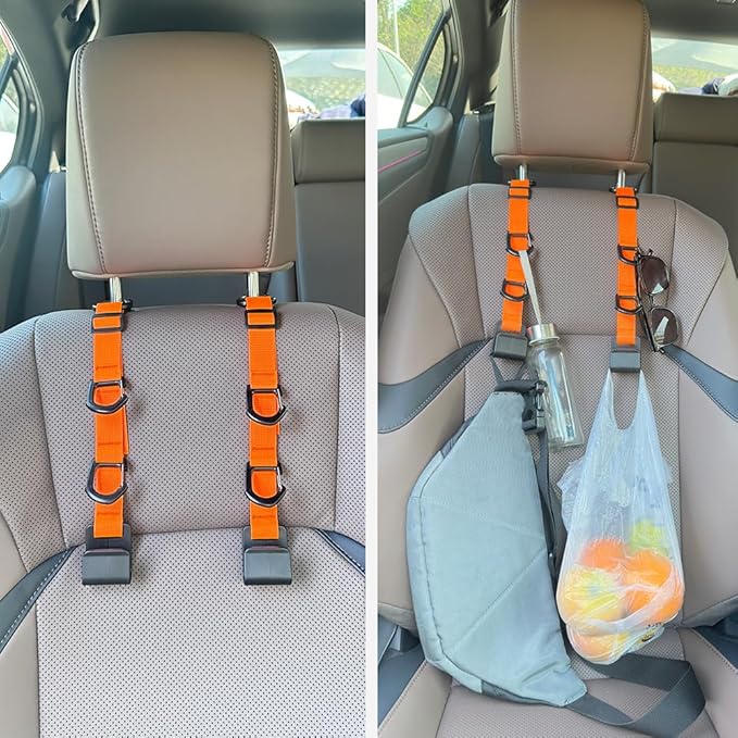 Car Headrest Hooks, Backseat Storage Organizer Hangers, Universal Vehicle Seat Back Hooks, 4 Pack (Orange)