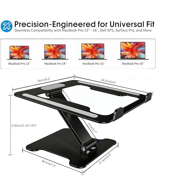 Foldable Aluminum Laptop Stand, Height Adjustable Ergonomic Riser for Collaborative Work,Tablet, Reading and More. Portable Laptop Stand for All 10-16" (Black)