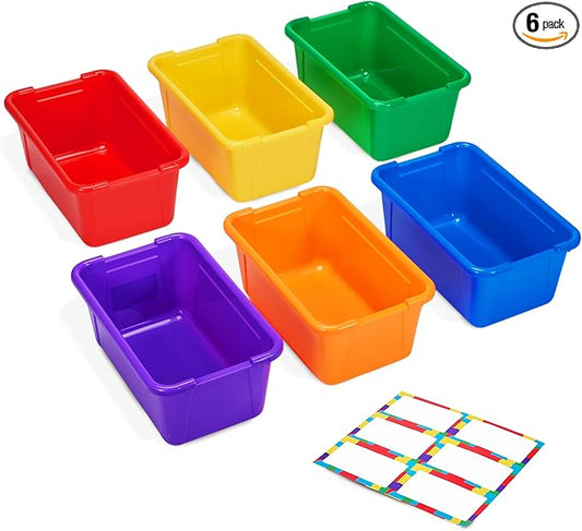 GAMENOTE 6 Quart Open Storage Bins – 6 Pack Rainbow Plastic Stackable Bins for Classroom & Kids Toy Organization with Removable Labeling Stickers, Opaque Shoe Box Size Containers for Crafts & Building