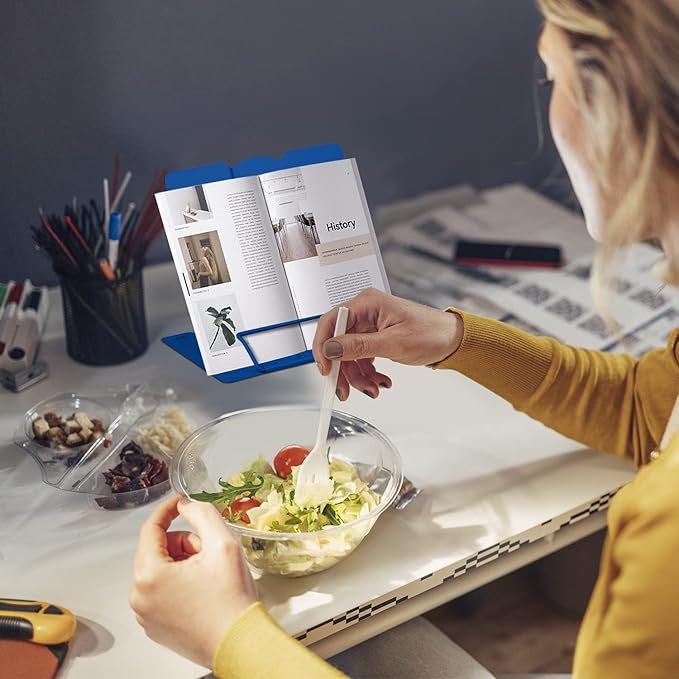 Honagu Metal Desk Book Holder, Hands Free Adjustable Cookbook & Document Holder, Portable Bookstand for Music Books, Textbooks, Recipes, Tablets & iPads (Deep Blue)