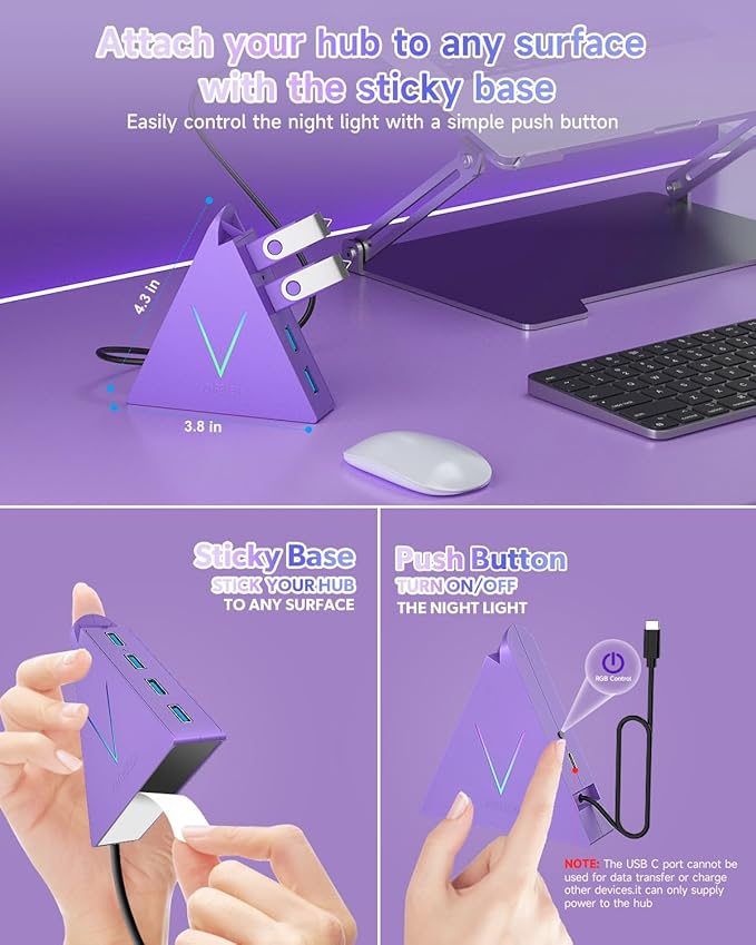 USB C Hub,USB Hub Tower with 2FT Extended Cable,Type C to USB 3.0 4-Port Splitter Adapter for MacBook, iMac, Laptop, Surface, XPS, Flash Drive, Keyboard, Mouse, HDD (2ft, Dark Purple