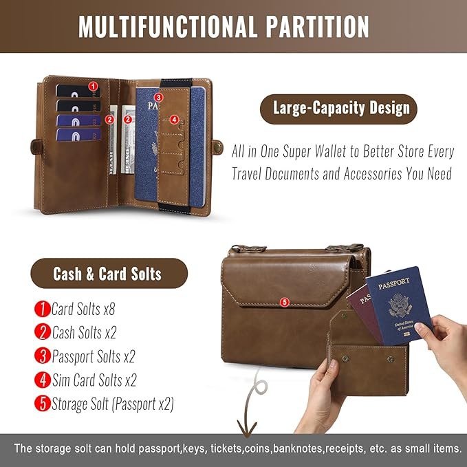 ASAPDOS RFID Blocking Family Passport Holder Wallet,Hold 2-3 Passports for Travel with Credit Card Slots & Wrist Crossbody Strap Coffee