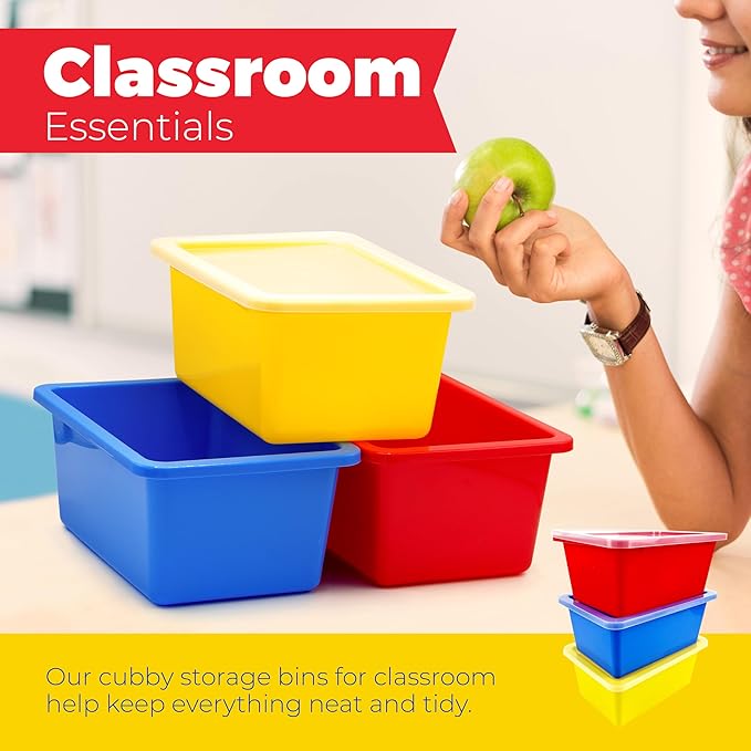4E's Novelty Plastic Storage Bins with Lids, 5 Qt, 3 Pack, Colorful Plastic Cubby Storage Bins, Stackable Organizer Cubbies for Classroom Organization and Storage or Home (11.4" x 7.75" x 5")