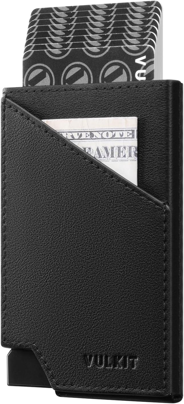 VULKIT Pop up Card Wallet Top-Grain Genuine Leather RFID Blocking Slim Aluminum Metal Bank Card Holder Case with Business Money Pocket for Credit Cards Notes and Coins Black