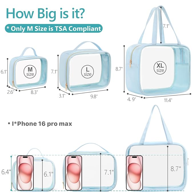PACKISM Clear Makeup Bag Combo Pack, 1 TSA Approved Medium & Large/XL for Checked Luggage, Clear Toiletry Bag with Handle, Water-resistant Travel Essentials Organizer, Ice Blue