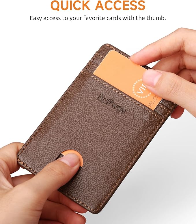 Buffway Mens Slim Wallet, Minimalist Thin Front Pocket Leather Credit Card Holder with RFID Blocking for Work Travel | Minimalist, Thin, Front Pocket, Credit Card Holder, RFID Blocking, for Work Travel