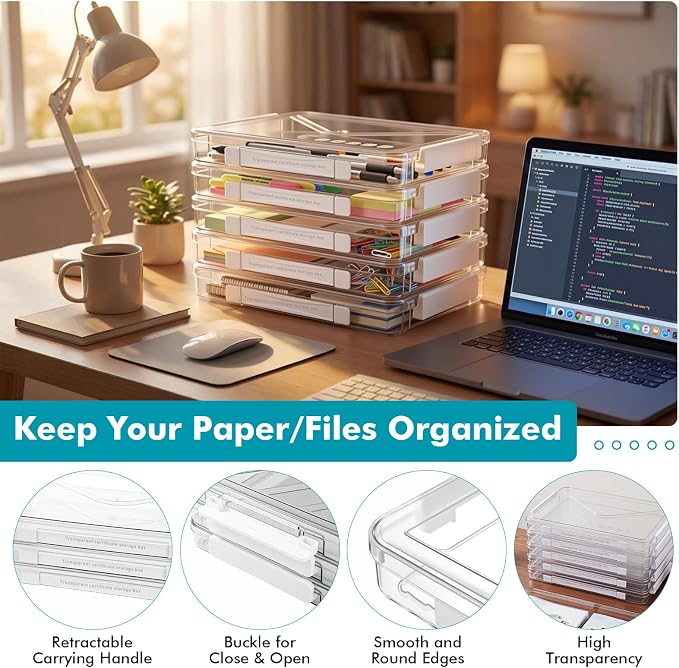 Novabright 5 Pack Clear Plastic File Boxes with Handle Portable Project Case Storage Bin with Lid Transparent Stackable Container Document Magazine Protector for A4 Paper Photo Scrapbook (White)