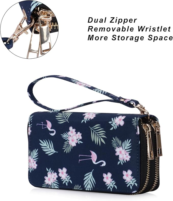 Cellphone Wallet for Women Dual Zipper Long Purse with Removable Wristlet