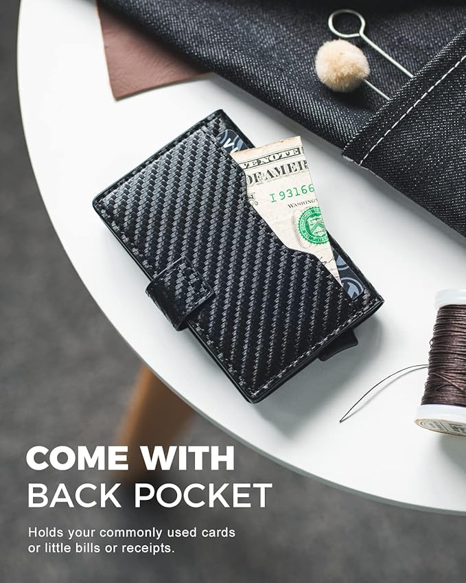VULKIT Slim Bifold Pop up Wallet Minimalist Leather Card Holder RFID Blocking Metal Card Case with ID Window for Women | with Leather Slots, RFID Blocking, Slim, Metal Card Case