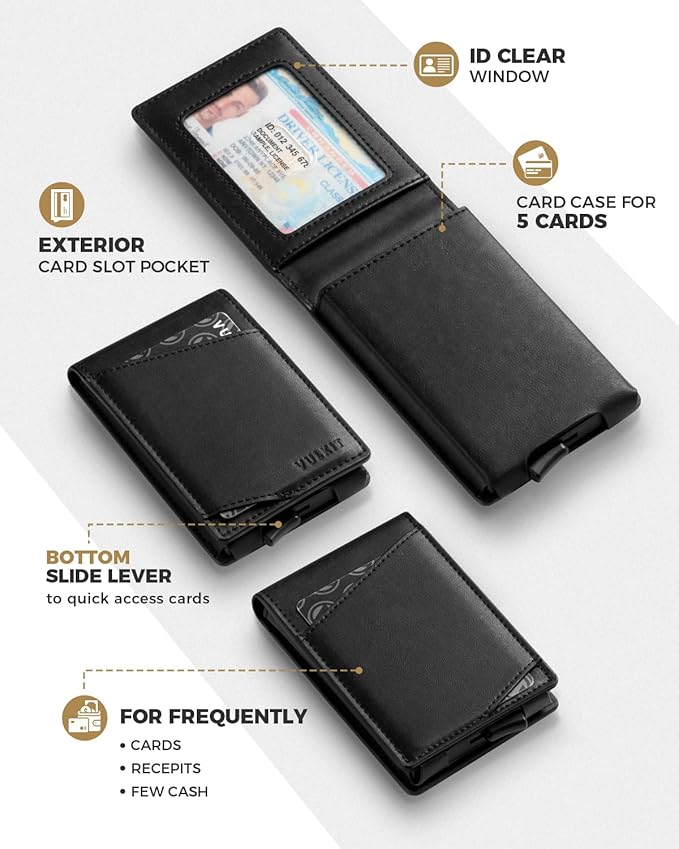 VULKIT Pop Up Wallet for Men, Credit Card Holder Minimalist Slim Bifold Wallets RFID Blocking with Gift Box Black