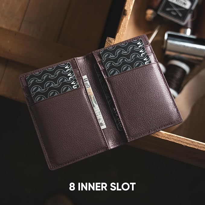 VULKIT Bifold Front Pocket Slim Wallet RFID Blocking Minimalist Thin Genuine Leather Credit Card Holder Wallet for Men and Women Litchi Espresso