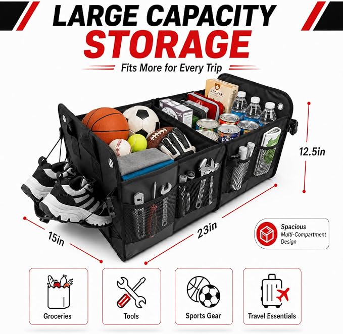 PAT SAM'S Car Trunk Organizer for SUV, Waterproof Collapsible Storage with Removable Dividers, Anti-Slip Bottom, Tie-Down Straps & Anchor Rings, Foldable Trunk Organizer for Grocery Tools Travel