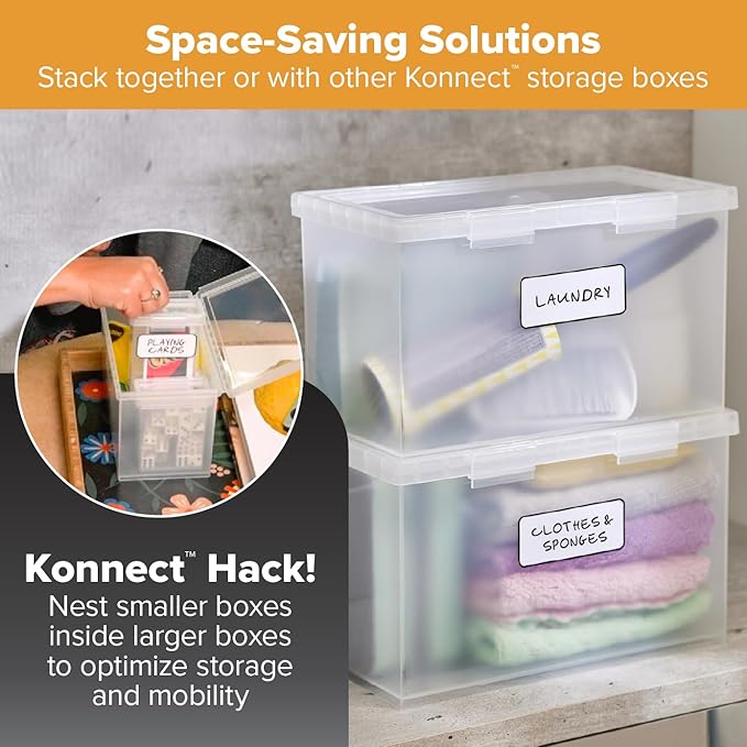 Bostitch Konnect Storage Containers with Lids, Organizer, Clear Plastic Box, Stackable Nesting Bins, Large, 2 Pack