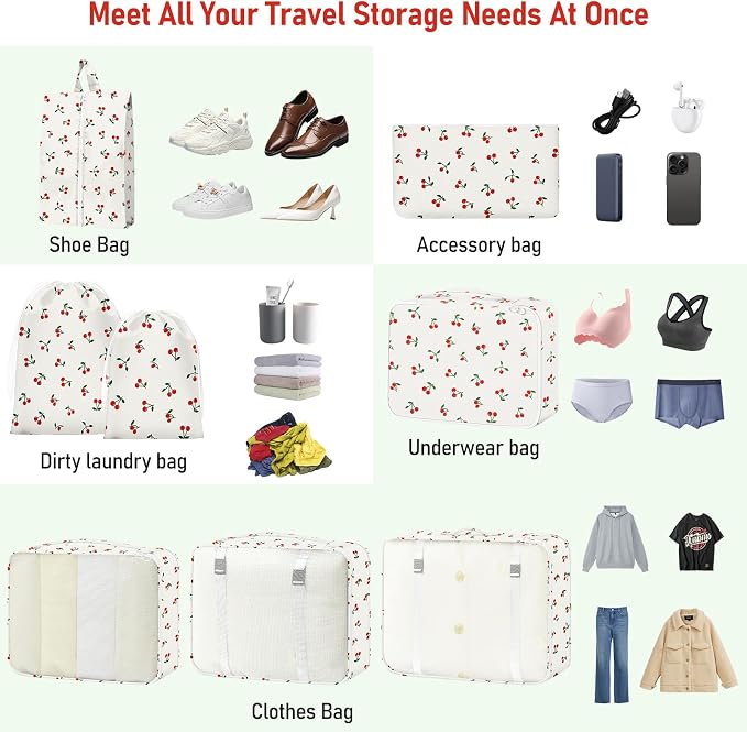Packing Cubes for Travel - 8 Set Luggage Organizer Bags for Family, Mesh Breathable Packing Cubes for Suitcases Durable Travel Essentials Bags Set (White Cherry)