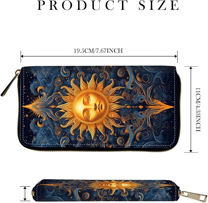 RFID-Blocking Zip Around Wallets for Women with Detachable Wrist Strap,Large Capacity Phone Holder with Card Organizer & Coin Pocket,Vintage Sun Face