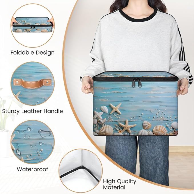 Sea Star Shell Storage Basket for Bedroom Kitchen Bathroom Storage Bins with Lids Collapsible Toy Cube Storage Organizer for Kid Teen Women Men