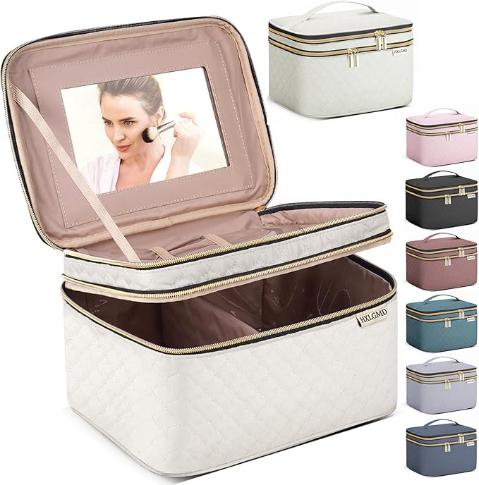 HXLGMD Large Makeup Bag with Mirror Double Layer Travel Make Up Organizer Case, Large Capacity Coemetic with Brush Slot Divider, Travel Toiletry Bag for Women - White/Beige