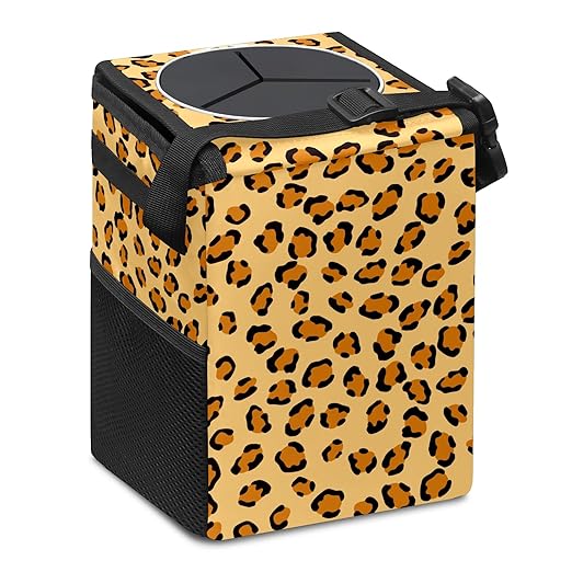 Car Trash Can Leopard Skin Wate-rproof Auto Garbage Bag Car Trash Can with Lid Leak-Proof Car Storage Bag Hanging for Headrest Collapsible and Portable with Storage Mesh Pocket