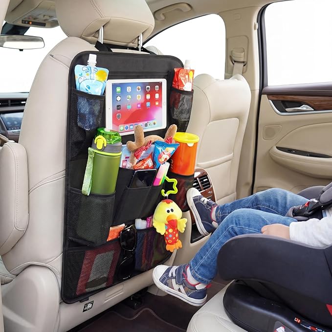 Backseat Car Organizer, 2 Pack Kick Mats Back Seat Protector with Touch Screen Tablet Holder, 9 Storage Pockets for Travel Accessories & Toys, Waterproof & Easy-Clean Black Protector