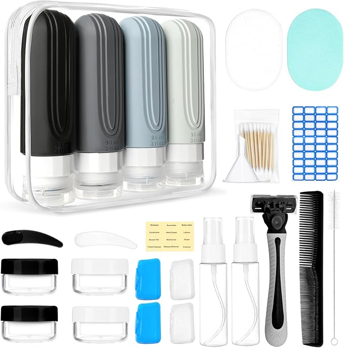 26 Pack Travel Size Toiletries, Tsa Approved Travel Containers for Toiletries, Leak Proof Silicone bottles and Shampoo Conditioner, Essential Toiletry Accessories.