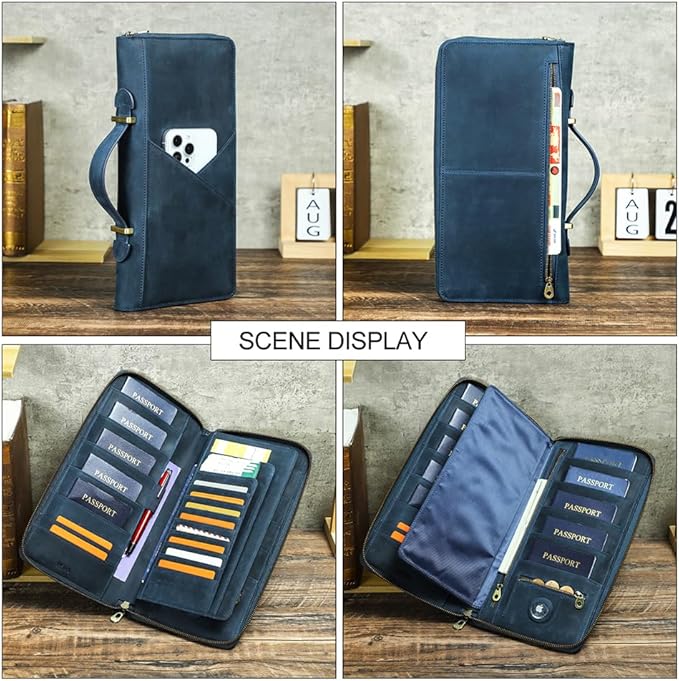 CONTACTS Family Passport Holder for 10 Full Grain Leather Passport Holder Compatible with Airtag for Family Travel Document Organizer Multiple Passport Wallet with Rfid Blocking (Blue)