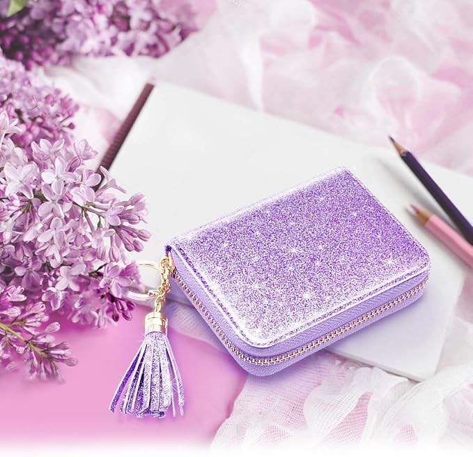 Coco Rossi Small Credit Card Wallet RFID Glitter Cute Accordion Card Holder with Zipper for Women