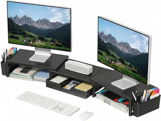 OPNICE Desk Organizers and Accessories, Dual Monitor Stand Riser with Drawer and 2 Pen Holders, Desk Shelf Wood Computer Racks for Office Workspace Organizers, Desktop Organization (Black Wood)