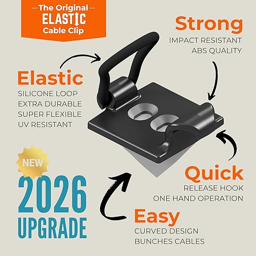 [Made in the UK] 10-Pack Adjustable Elastic Adhesive Cable Clips, Wire Management Holder, Cord Organizer for Home Office, Under Desk, Behind TV, Phone Charger, Laptop, PC, HDMI, USB (Black)